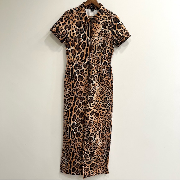 Nasty Gal Denim Leopard Print Jumpsuit Wide Leg Zip Front Size 8 - Picture 2 of 13